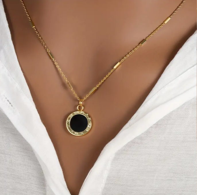 Minimalist Retro Style Black Round  Roman Numerals  Pendant 21K Gold Necklace