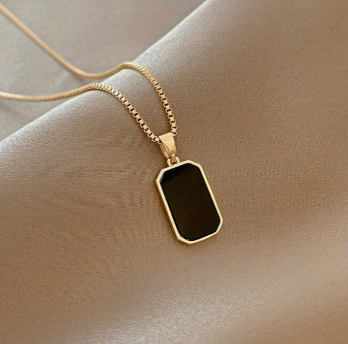 Golden Square Black Shell Pendant 21K Gold Necklace