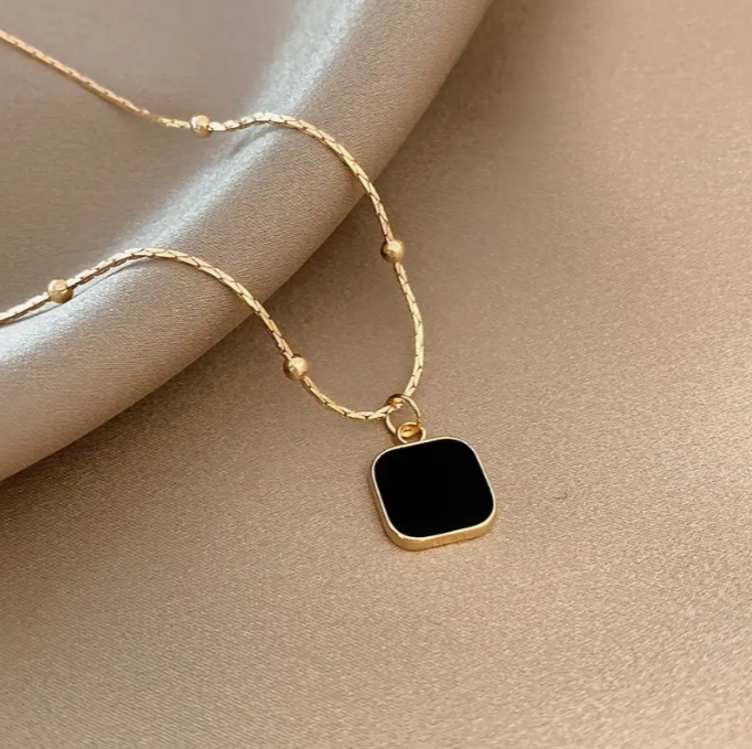 Black Square 21K Gold Pendant Necklace