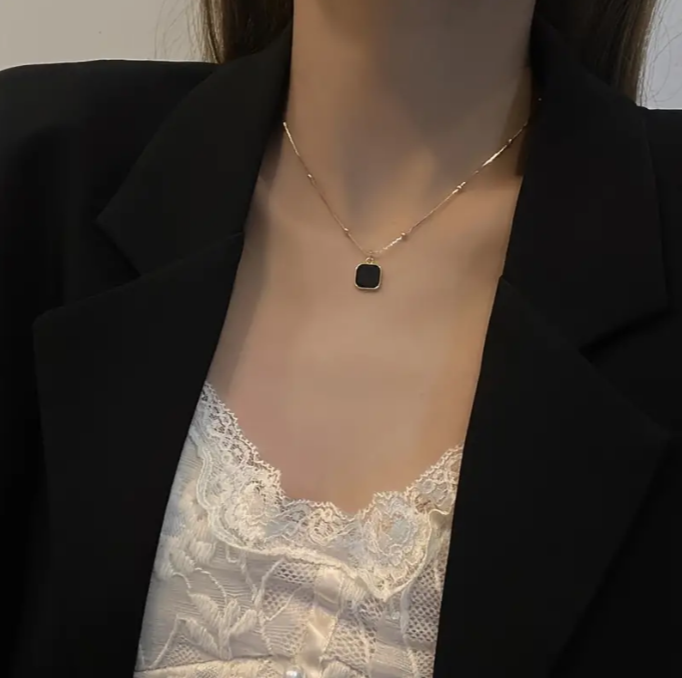 Black Square 21K Gold Pendant Necklace