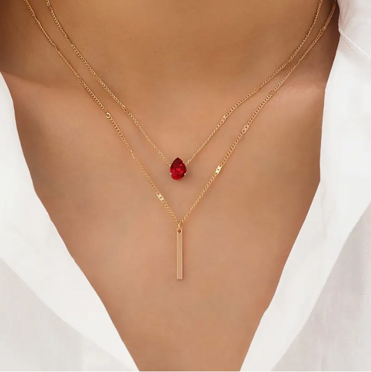 Personality Red Zircon Double Layer Stacking Rod 21K Gold Pendant Necklace