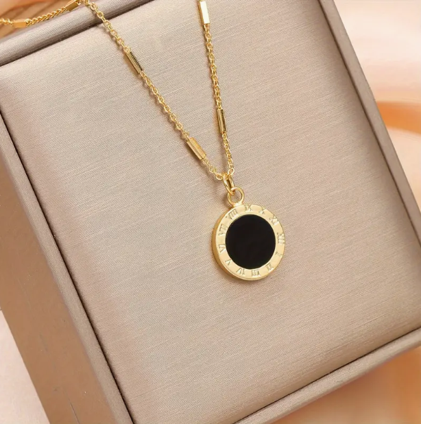 Minimalist Retro Style Black Round  Roman Numerals  Pendant 21K Gold Necklace