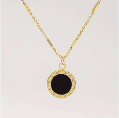 Minimalist Retro Style Black Round  Roman Numerals  Pendant 21K Gold Necklace