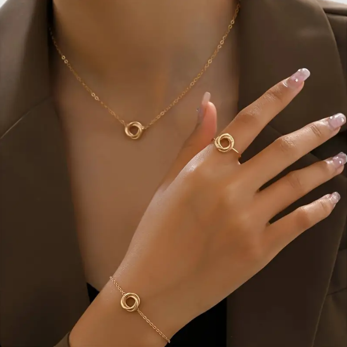 Minimalist Ring 21K Gold Jewelry Set: Necklace, Bracelet & Ring